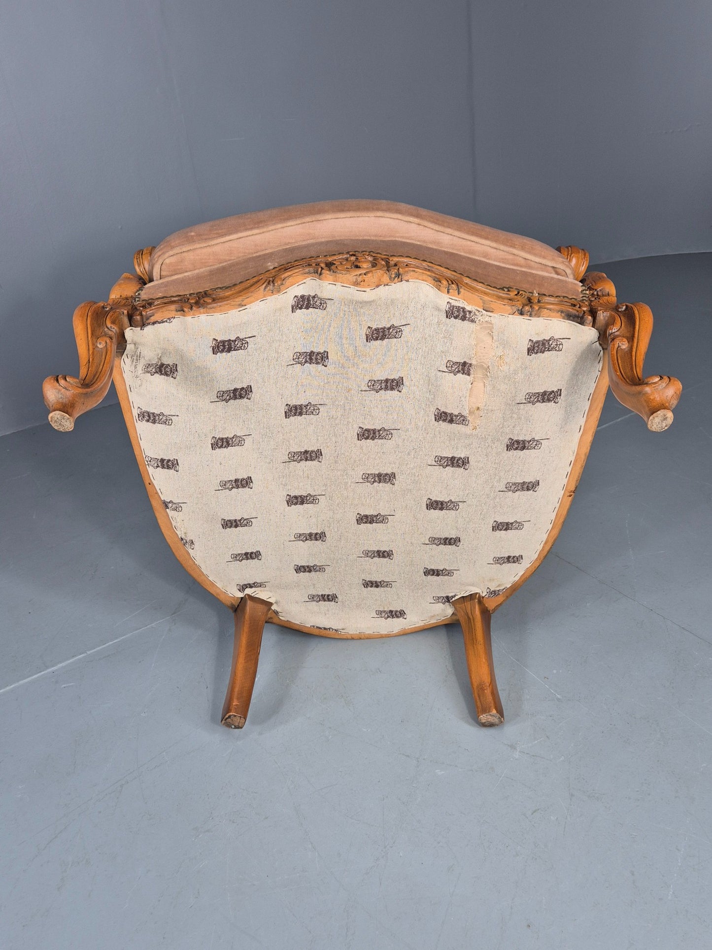 Vintage Danish Rococo Armchair Beech Frame Biege Velour 1970s Retro EB12718