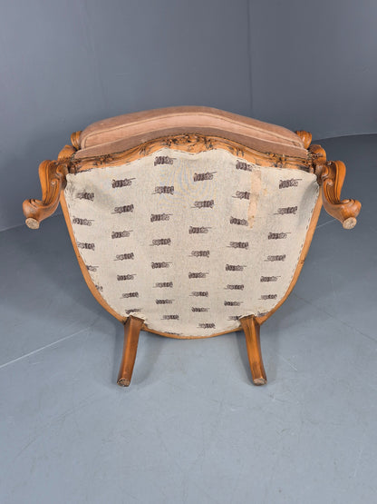 Vintage Danish Rococo Armchair Beech Frame Biege Velour 1970s Retro EB12718