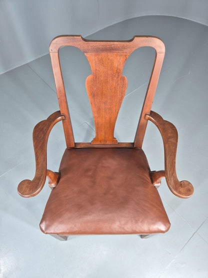 Antique Georgian Elbow Chair Mahogany Frame Leather Seat Splat Back EB11933
