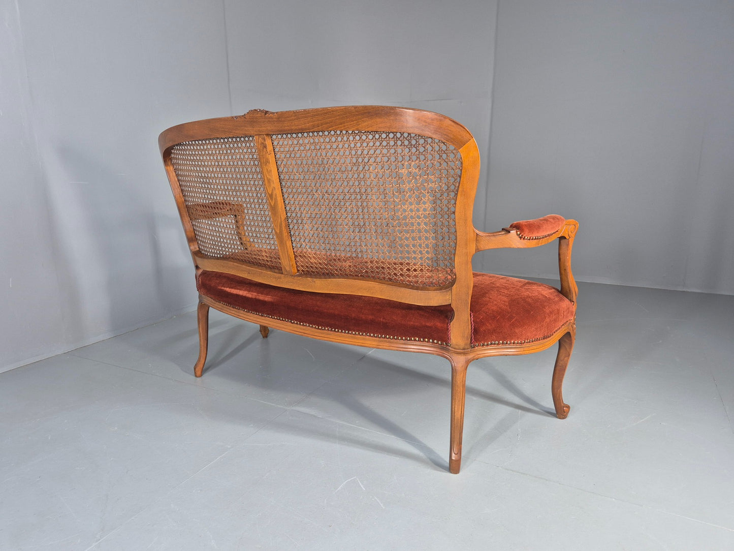 Vintage Danish 2 Seat Sofa French Style Bergere Back Red Velvet Velour EB12744