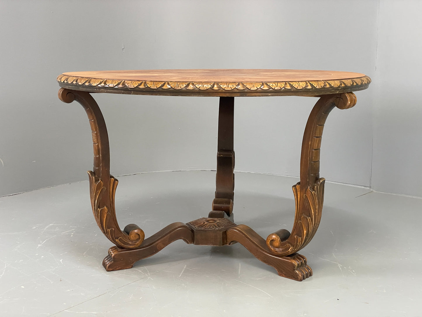 Vintage Carved Coffee Table Elm Art Deco Lion Feet 1950s EB11190