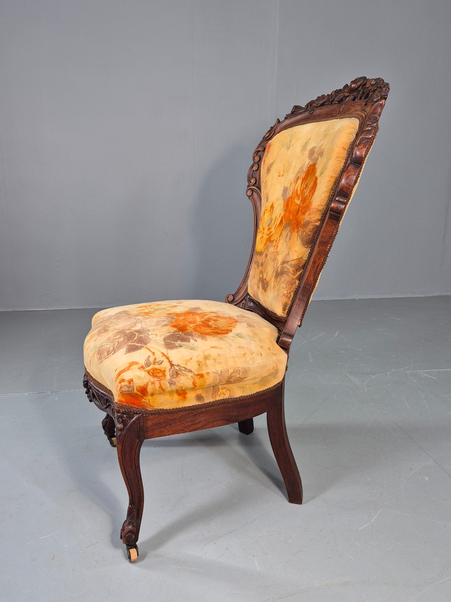 Antique Mahogany Baloon Back Armless Chair Floral Cotton Upholstery EB12793