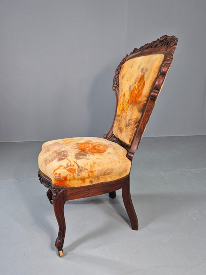 Antique Mahogany Baloon Back Armless Chair Floral Cotton Upholstery EB12793