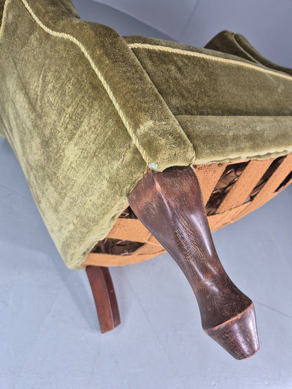 Vintage Danish Art Deco Tub Chair Green Velour Cabriole Legs 1940s EB12717