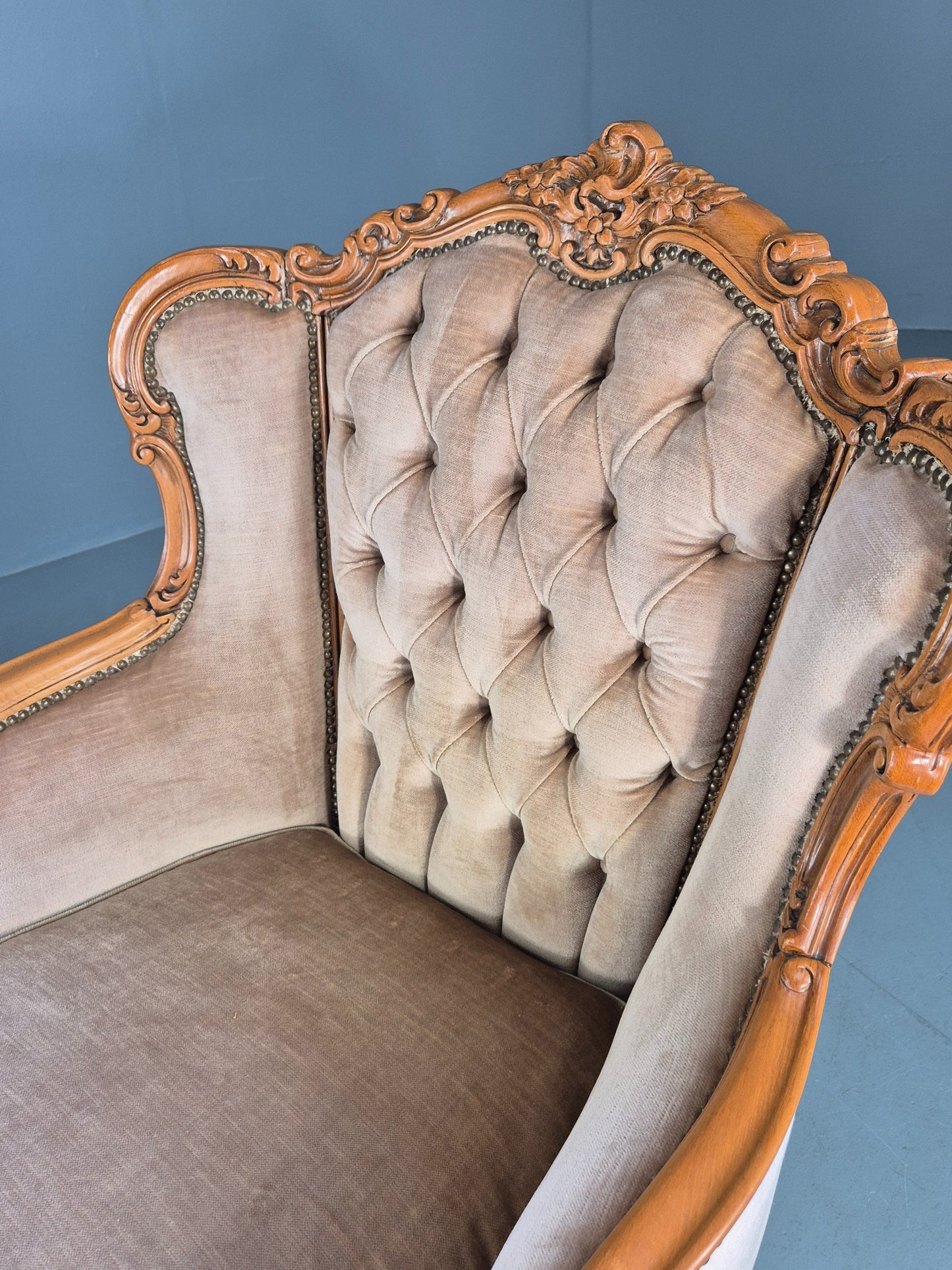 Vintage Danish Rococo Armchair Beech Frame Biege Velour 1970s Retro EB12718