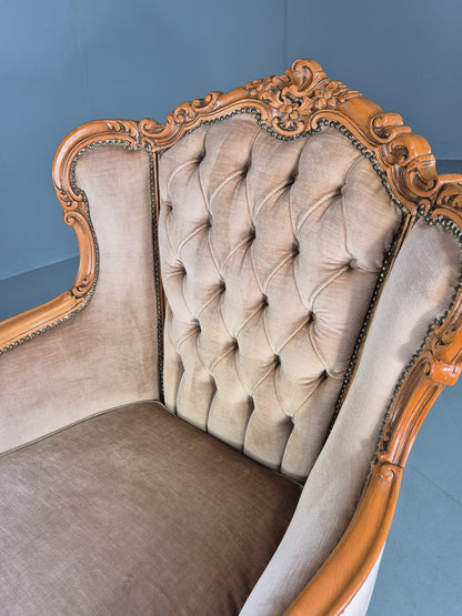 Vintage Danish Rococo Armchair Beech Frame Biege Velour 1970s Retro EB12718