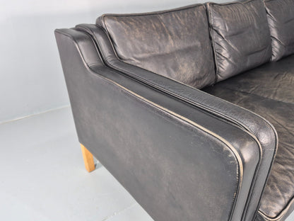 Danish Mid-Century 3-Seater Black Leather Sofa — Vintage Mogensen Style, Solid Wood Frame