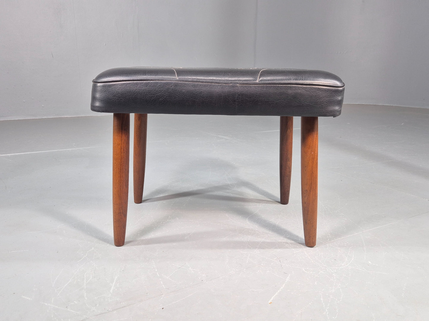 Vintage Mid Century Footstool Danish Black Vinyl Teak Legs 1960s Retro EB12012