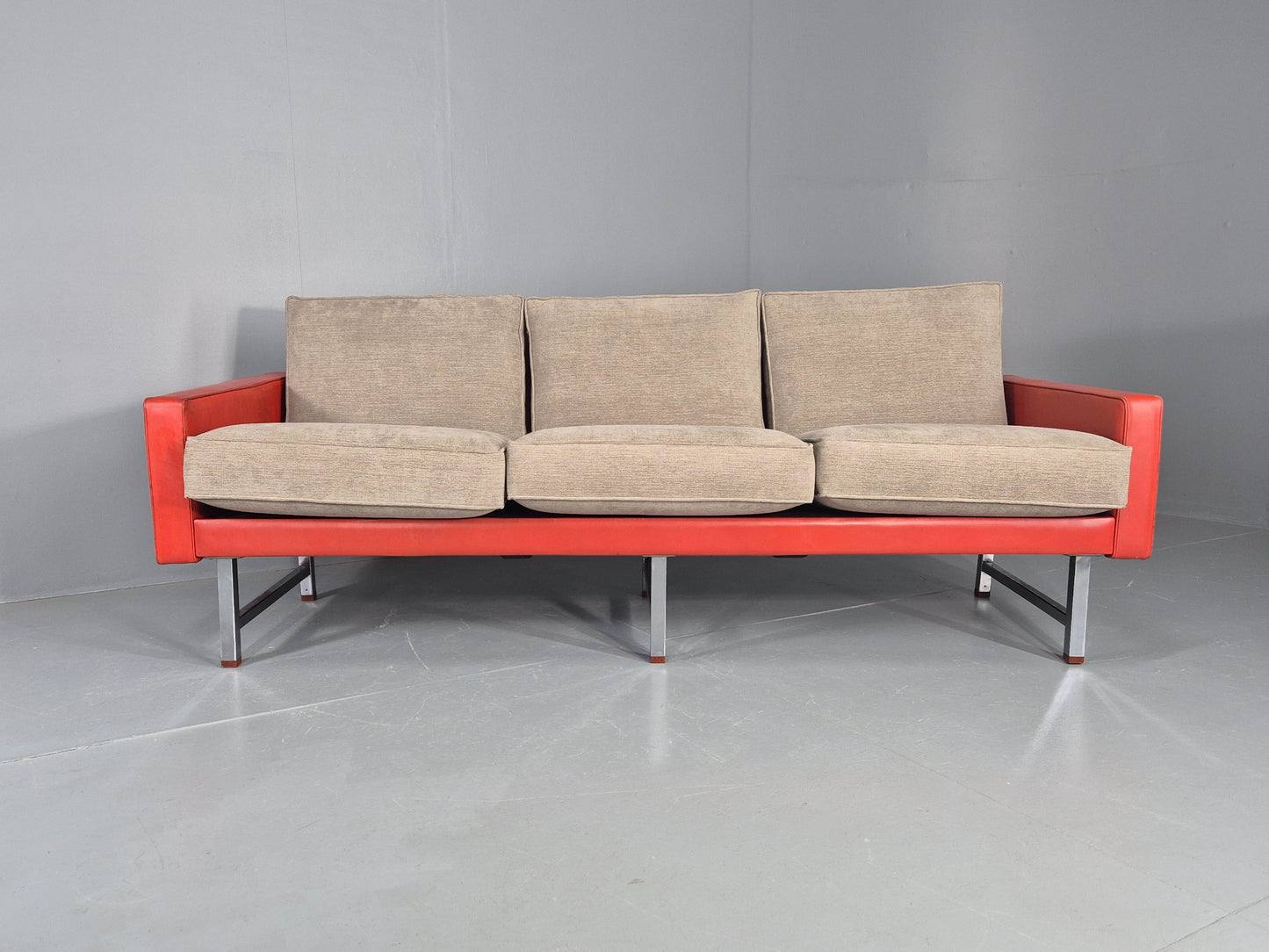 Vintage 3 Seat Sofa 1960s Swedish Red Leather New Cushions MCM Retro  EB11121