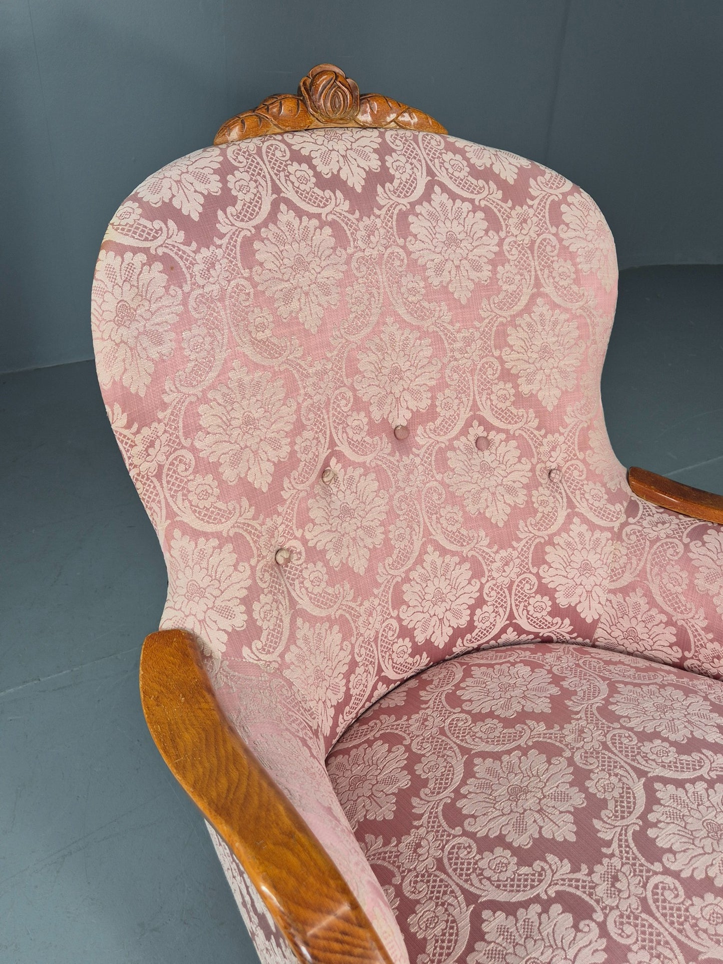 Vintage Danish Rococo Style Arm Chair Pink Floral Damask 20th Century EB12704