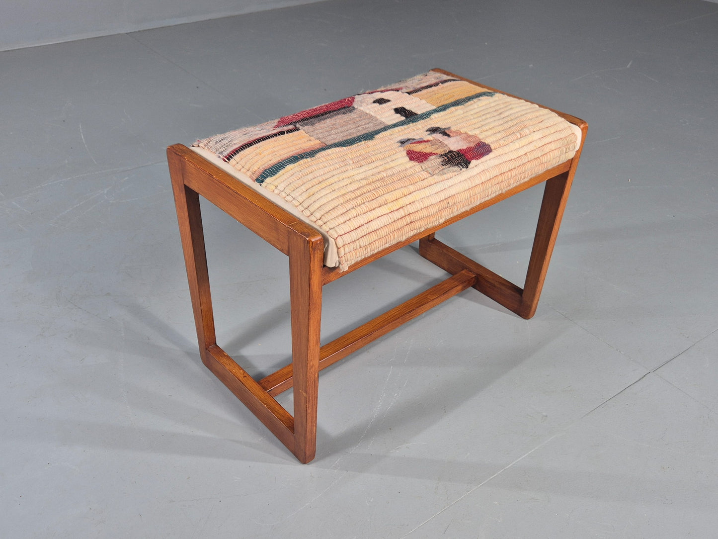 Vintage Mid Century Foot Stool Folk Art Wool Upholstery 1960s EB12006