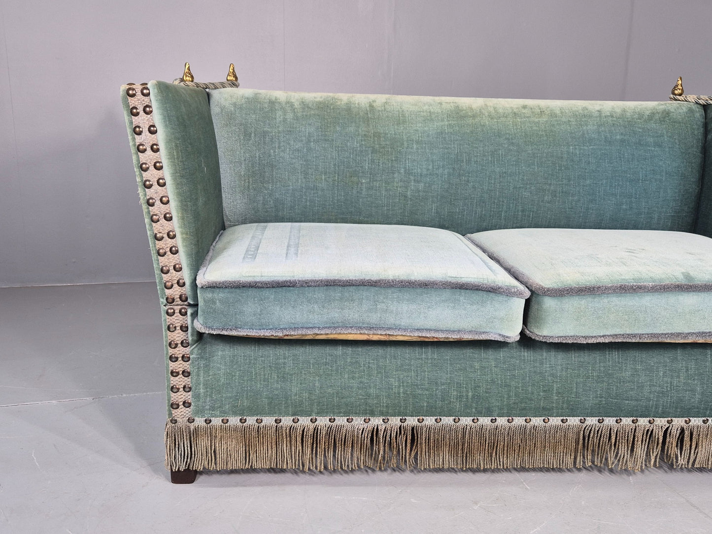 Vintage Danish Knole Sofa 2 Seater Blue Velour Floral Cream Cushions EB12748