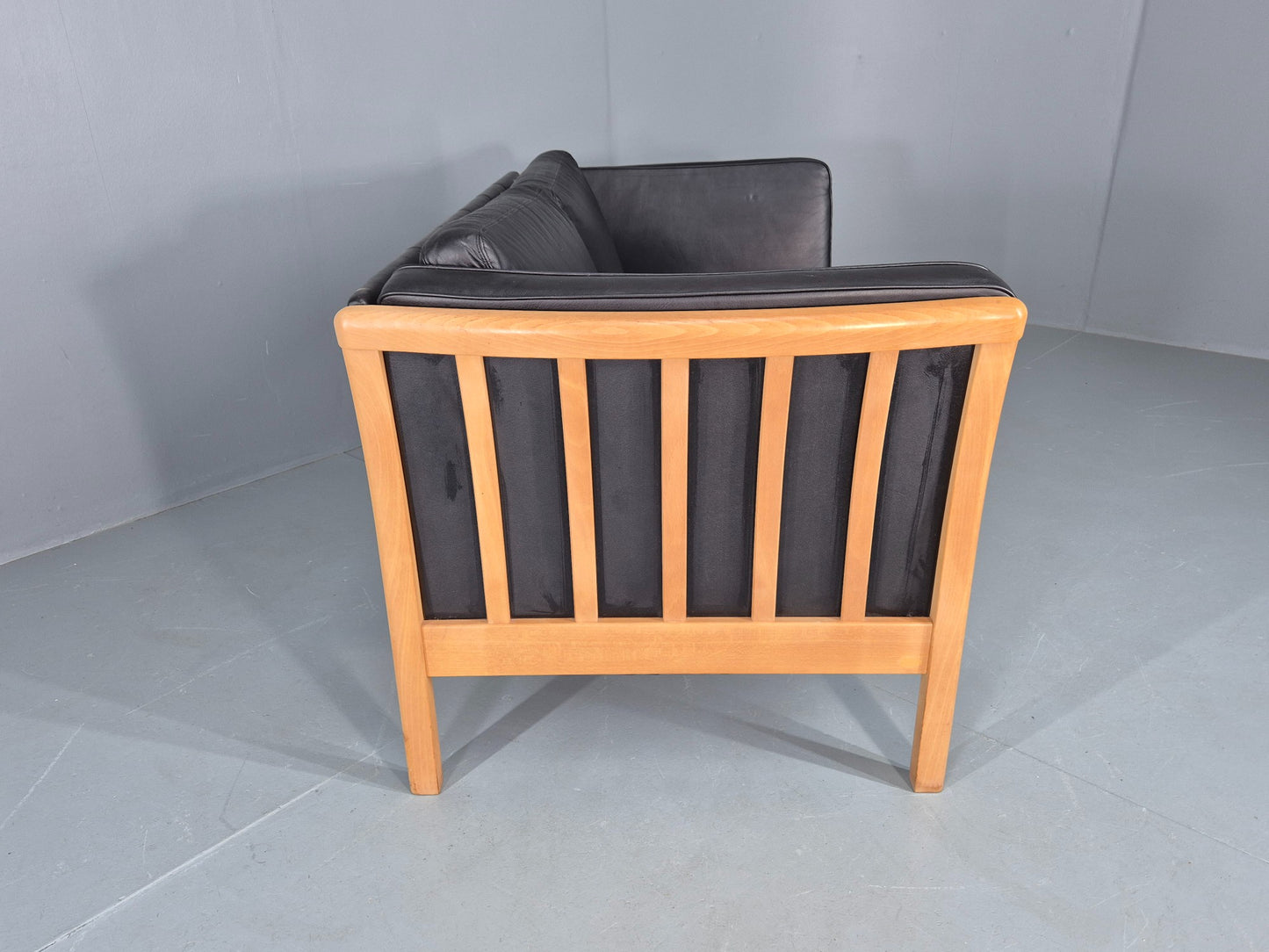 Vintage Stouby 2 Seater Sofa Beech Ends Black Leather 1990s Retro EB12421