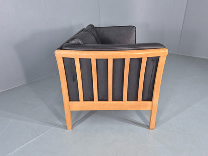 Vintage Stouby 2 Seater Sofa Beech Ends Black Leather 1990s Retro EB12421