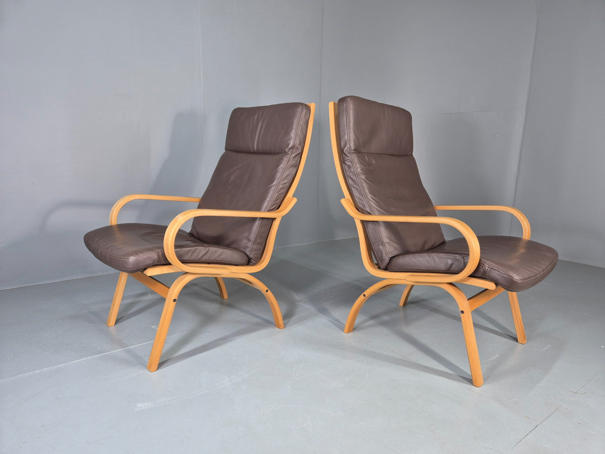 2 Vintage Danish Leather Lounge Chairs Bent Wood Frames 1980s Retro EB13073