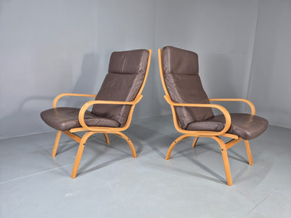 2 Vintage Danish Leather Lounge Chairs Bent Wood Frames 1980s Retro EB13073