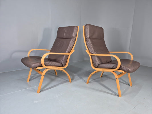 2 Vintage Danish Leather Lounge Chairs Bent Wood Frames 1980s Retro EB13073