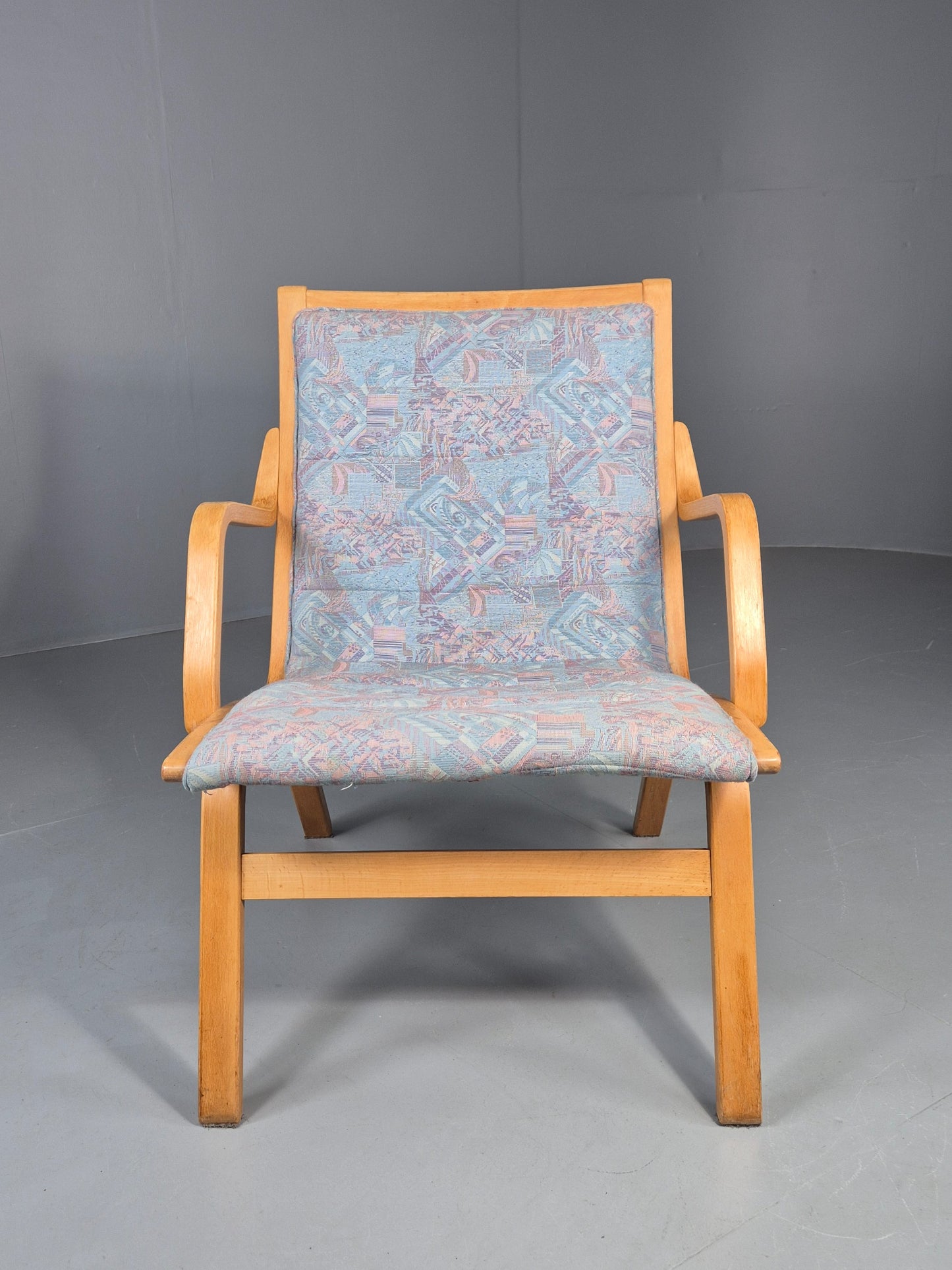 Vintage Mid Century Danish Bentwood Chair Blue Abstract 1980s Retro EB12107