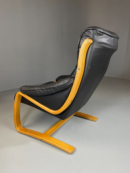 Vintage 70s Retro Lounge Chair Danish Black Leather Bentwood MCM EB06223