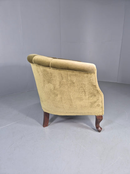 Vintage Danish Art Deco Tub Chair Green Velour Cabriole Legs 1940s EB12717
