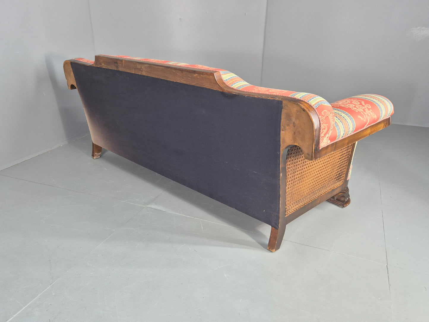 Vintage 3 Seater Sofa Art Deco Bergere Walnut Frame Cotton Colourful EB12734
