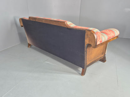 Vintage 3 Seater Sofa Art Deco Bergere Walnut Frame Cotton Colourful EB12734