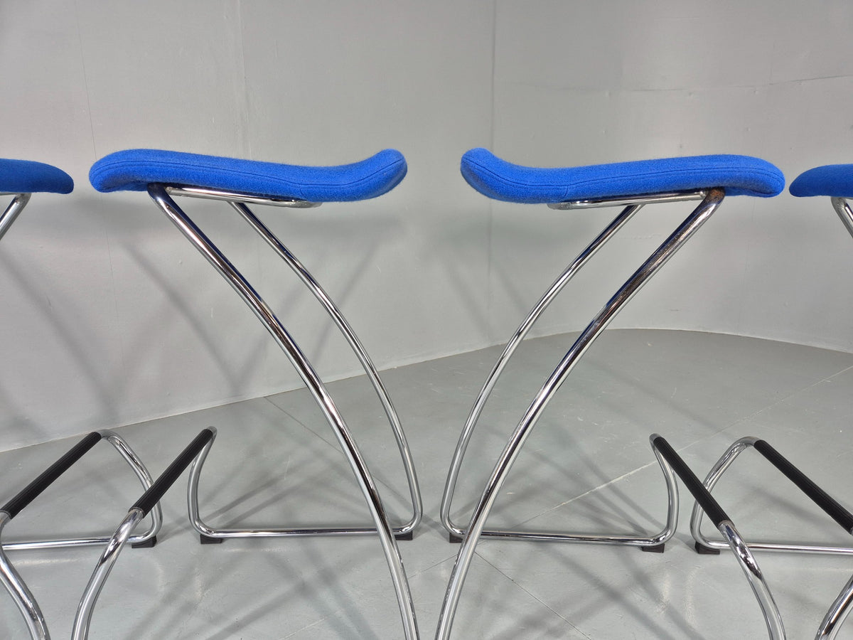 5 Orange Box Spring Bar Stools Modern Design Blue Chenille Chrome Frame EB12991