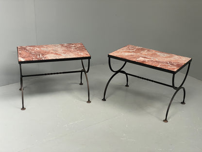 Vintage Wrought Iron Marble Side Tables Italian Breccia Pernice 1950s EB12301
