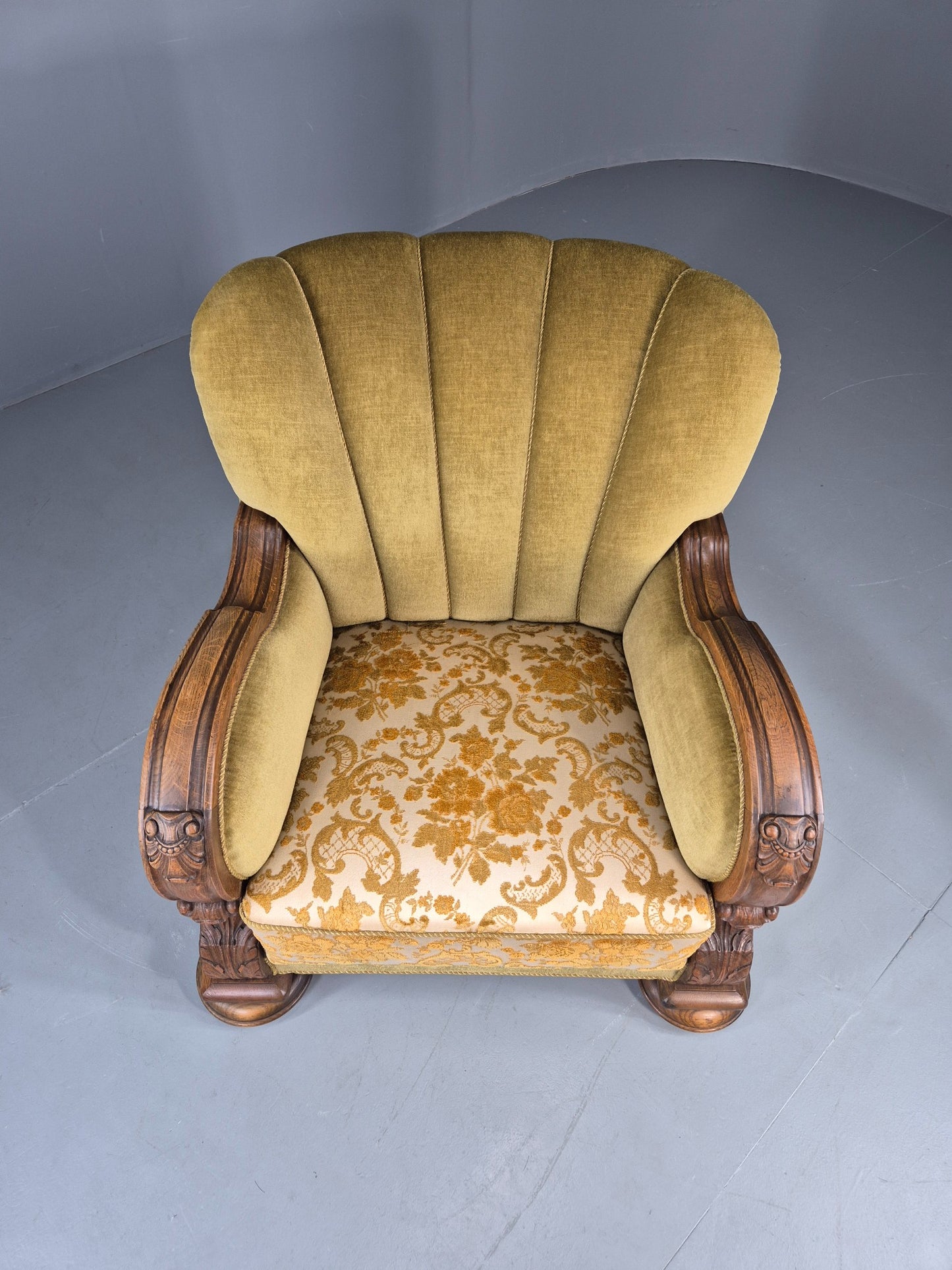 Vintage Danish Art Deco Lounge Chair Carved Oak Frame 1940s Green Floral EB12839