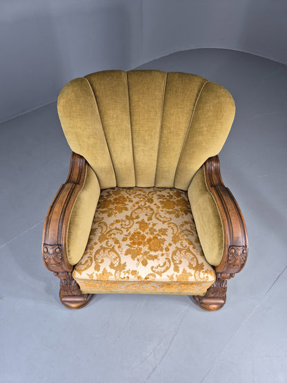 Vintage Danish Art Deco Lounge Chair Carved Oak Frame 1940s Green Floral EB12839