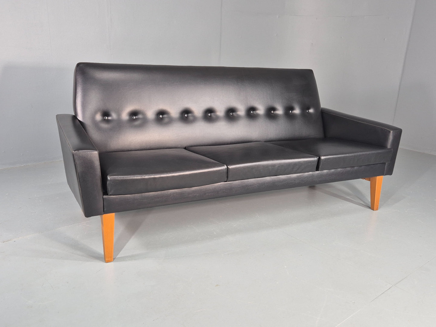 Vintage Three Seat Sofa 1960s Swedish Black Vinyl Upholstery Retro EB11126
