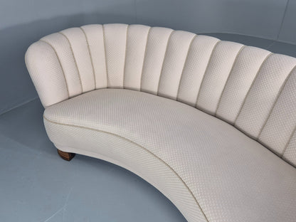 Vintage Danish Banana Sofa Art Deco 3 Seater Cream Cotton Upholstery EB12396