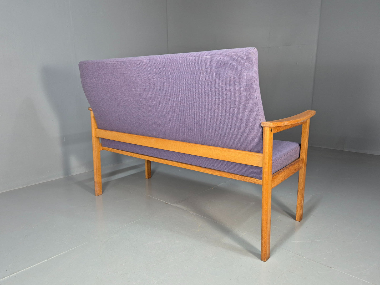 Vintage Danish 2 Seater Bench Sofa Oak Frame Purple Upholstery 1970s MCM EB08693