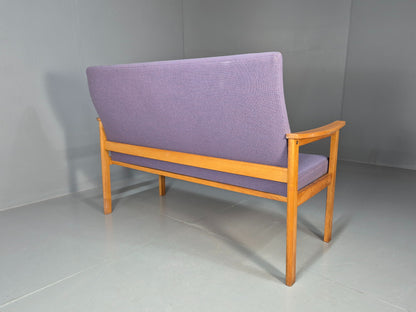 Vintage Danish 2 Seater Bench Sofa Oak Frame Purple Upholstery 1970s MCM EB08693