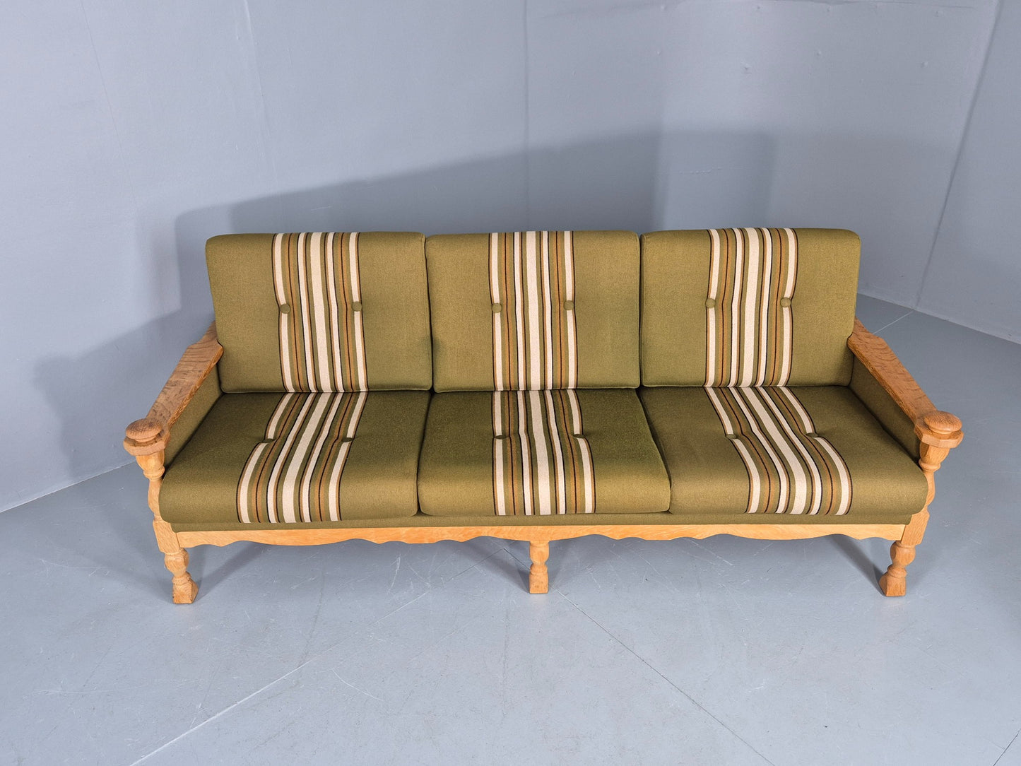 Vintage Danish 3 seater Sofa Oak Kjaenulf Green Cushions 1970s Retro EB12782