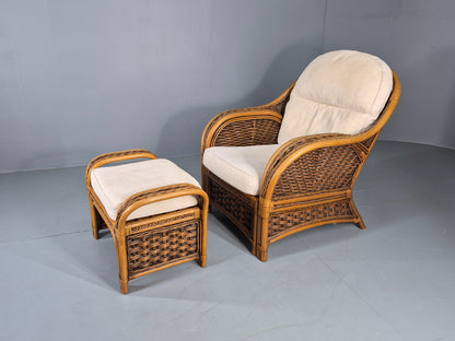 Vintage Bamboo and Rattan Chair and Footstool 1980s Retro Conservatory EB12808