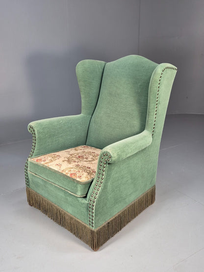 Vintage Danish Wingback Lounge Chair Green and Cream Floral Tassels EB9610 VCLO
