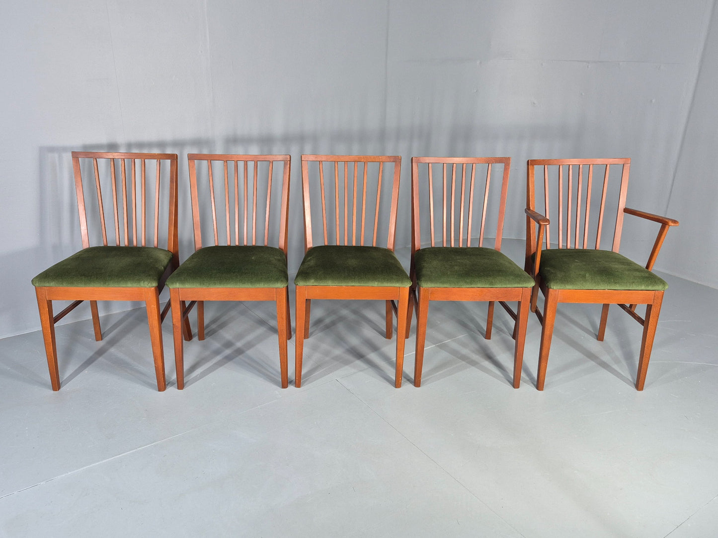 5 Vintage 1960s Dining Chairs Beech Wood frames Green Velvet Seats Retro EB12184