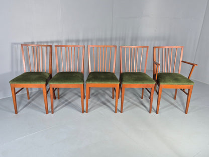 5 Vintage 1960s Dining Chairs Beech Wood frames Green Velvet Seats Retro EB12184