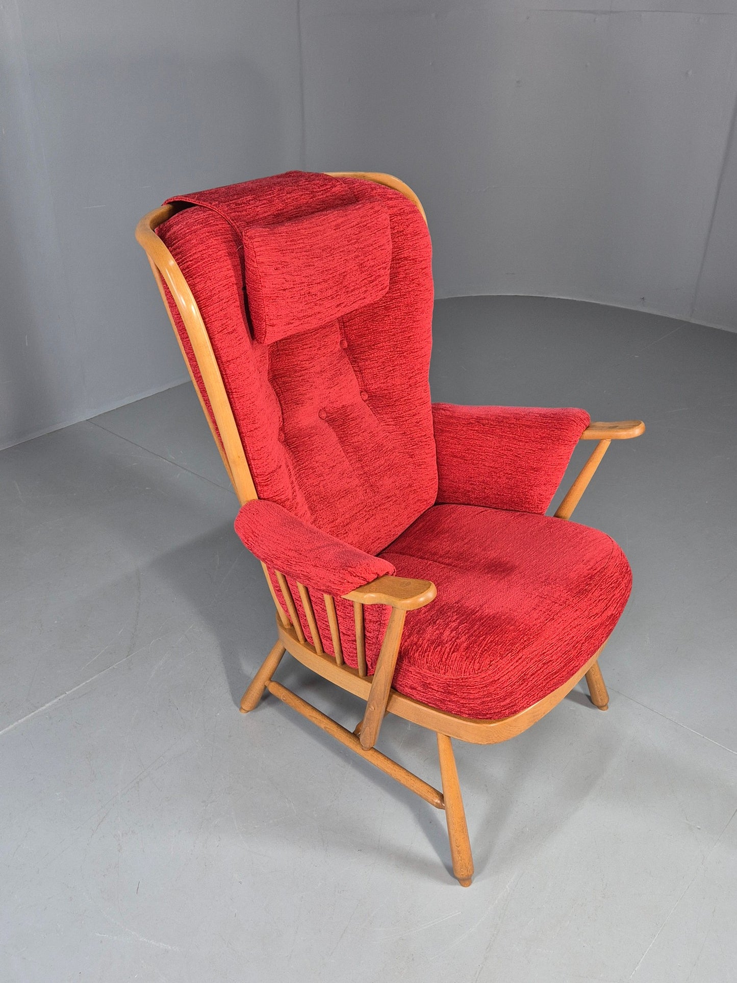 Ercol Evergreen Vintage Lounge Chair High Back Red Chenille Retro EB12859