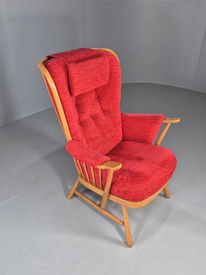 Ercol Evergreen Vintage Lounge Chair High Back Red Chenille Retro EB12859