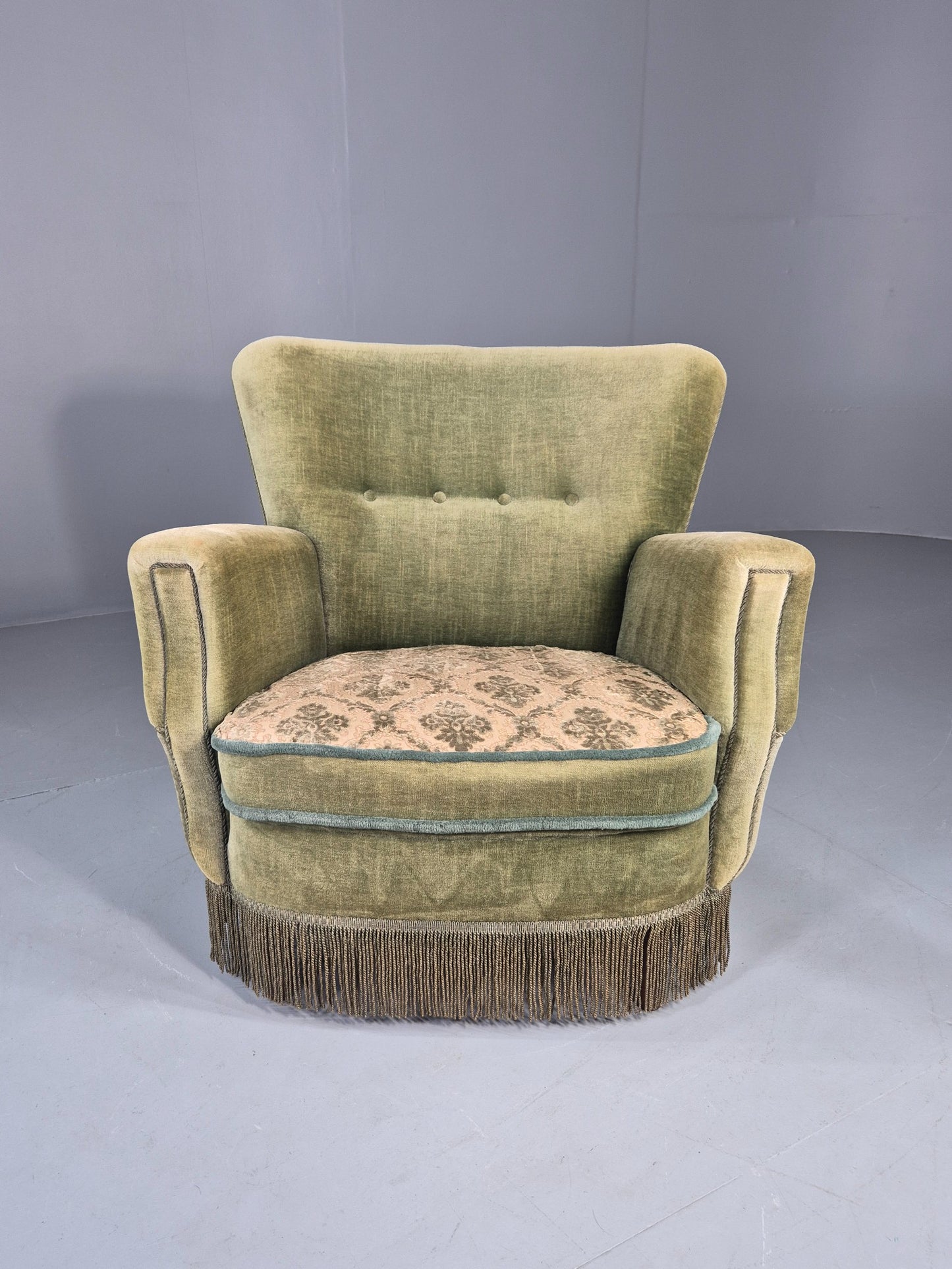 Vintage 1950s Armchair Danish Design Green Velour Tassels Art Deco EB12711
