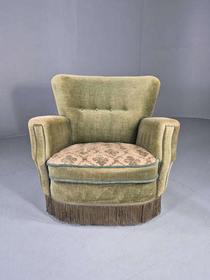 Vintage 1950s Armchair Danish Design Green Velour Tassels Art Deco EB12711