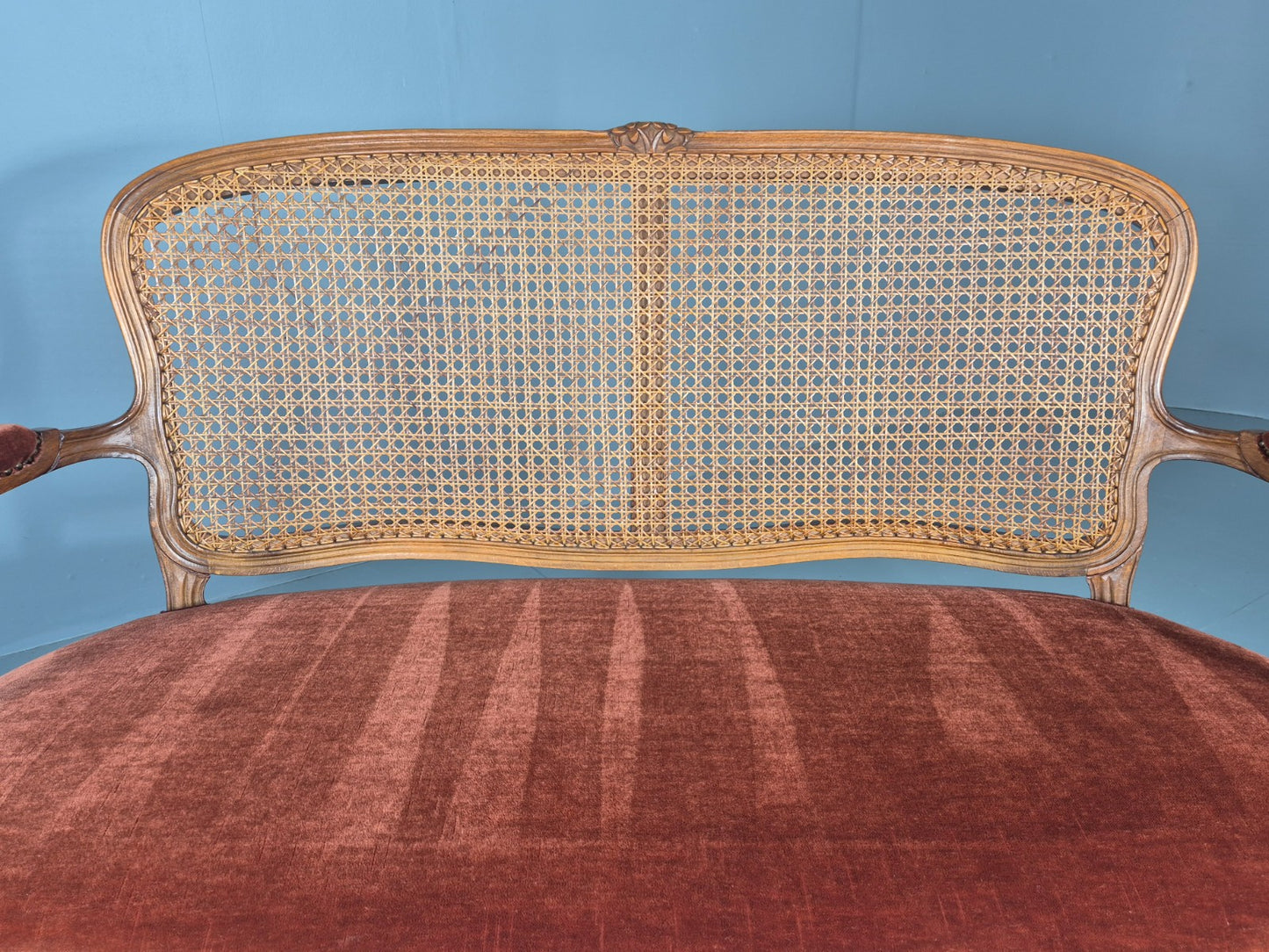Vintage Danish 2 Seat Sofa French Style Bergere Back Red Velvet Velour EB12744