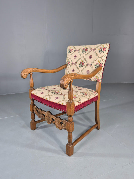 Vintage Danish Baroque Armchair Carved Oak Frame Tapestry Seat EB12113