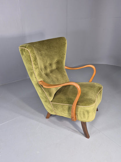 Vintage Mid Century Armchair Danish Slagelse Mobler Green Velour Retro EB12462