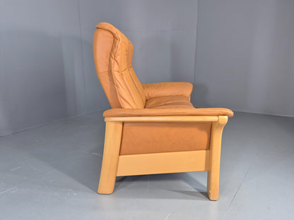 Vintage Stressless Windsor 2 seater Sofa Tan Leather Blonde Wood Frame Eb12590