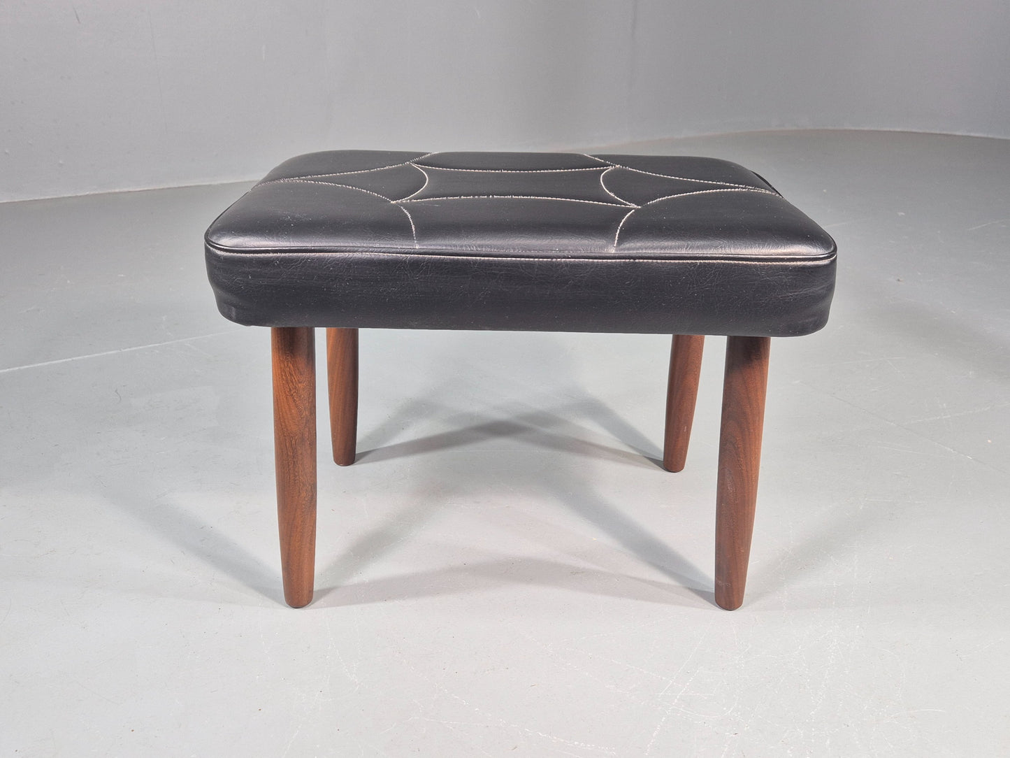 Vintage Mid Century Footstool Danish Black Vinyl Teak Legs Stitch Detail EB12031