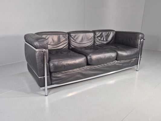 Vintage Corbusier 3 Seater Sofa Black Leather and Chrome LC-3 Retro 1980 EB12569