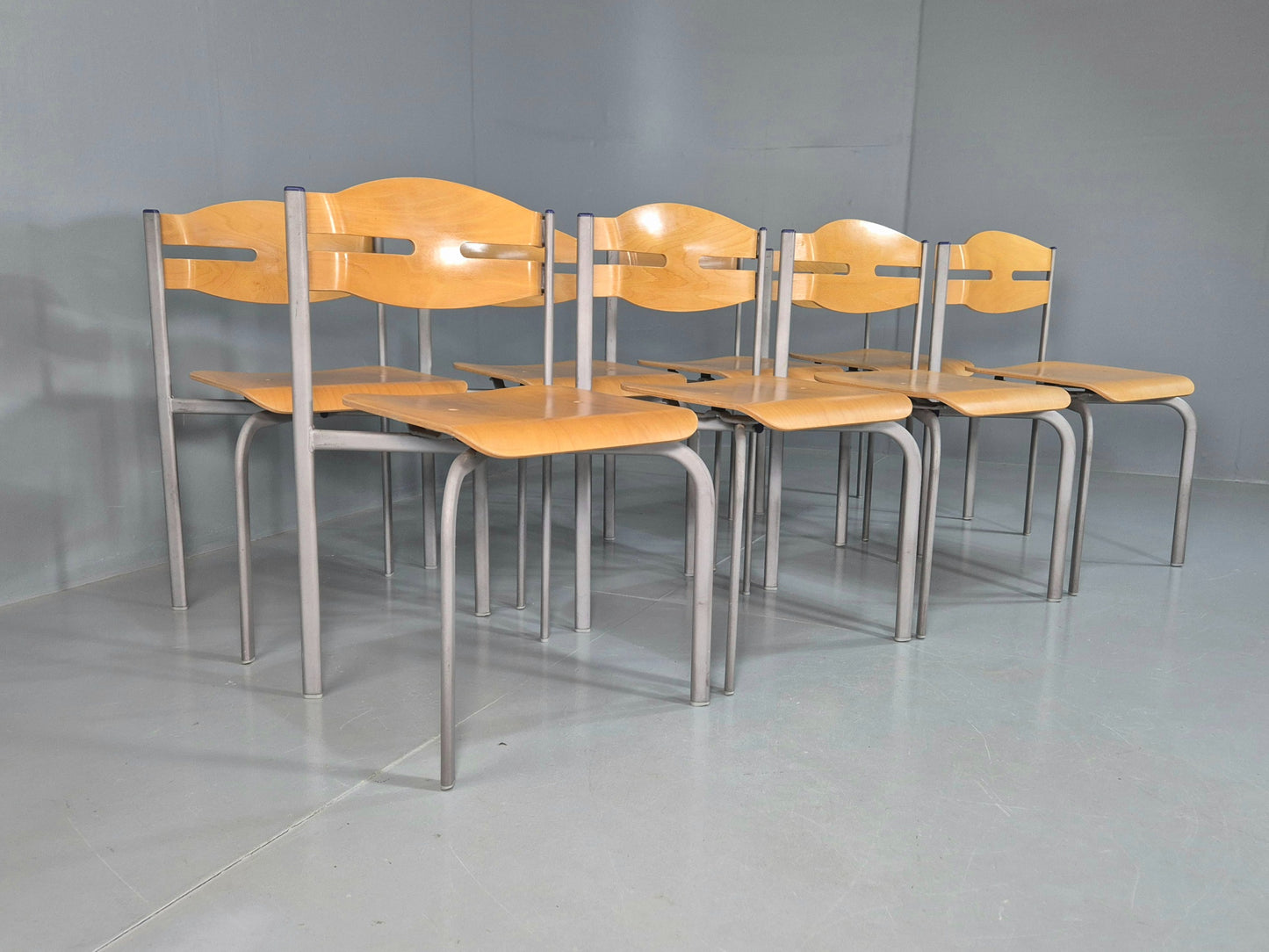 8 Vintage Danish Stacking chairs Plywood and Steel Mid Century Style Retro EB07993